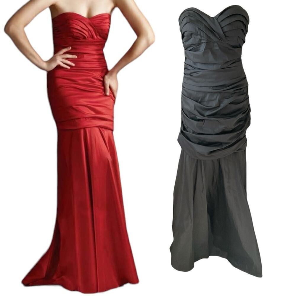 Theia Black Strapless Ruched Taffeta Gown Size 10